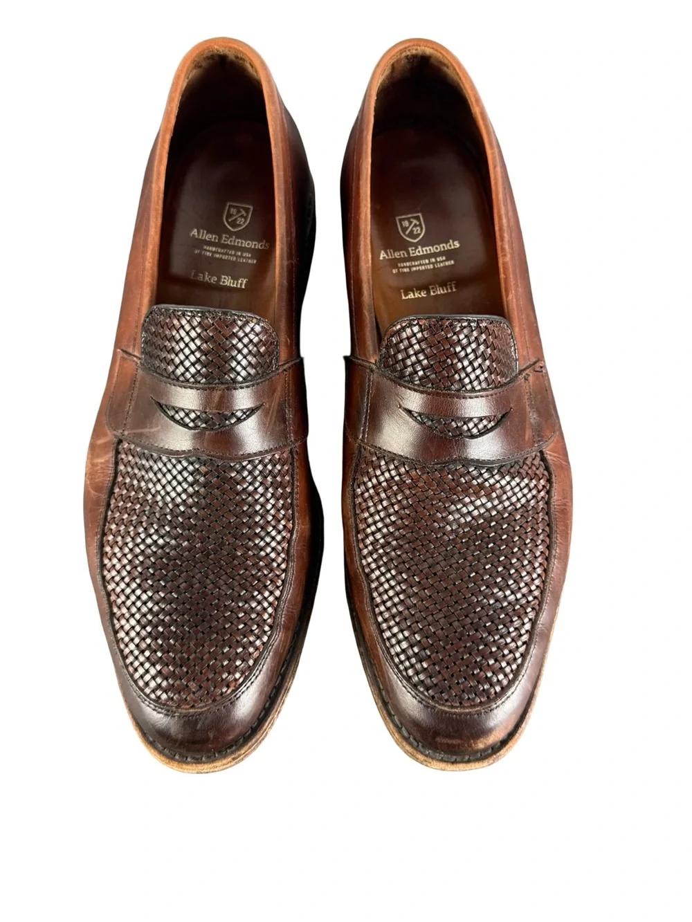 ALLEN EDMONDS Lake Bluff Leather Loafers Woven Penny Size 11.5 D Brown Shoes